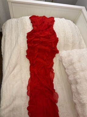Oh Polly Strapless Red Ruffle Column Gown